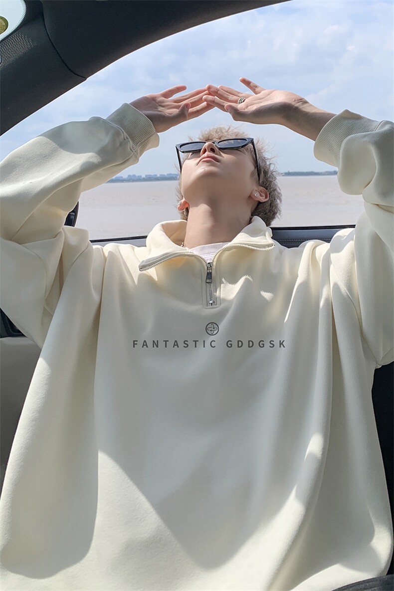 秋外景ins韩版polo领卫衣男潮宽松半拉链上衣PL00167/P45加绒P50,男装卫衣,电商B316