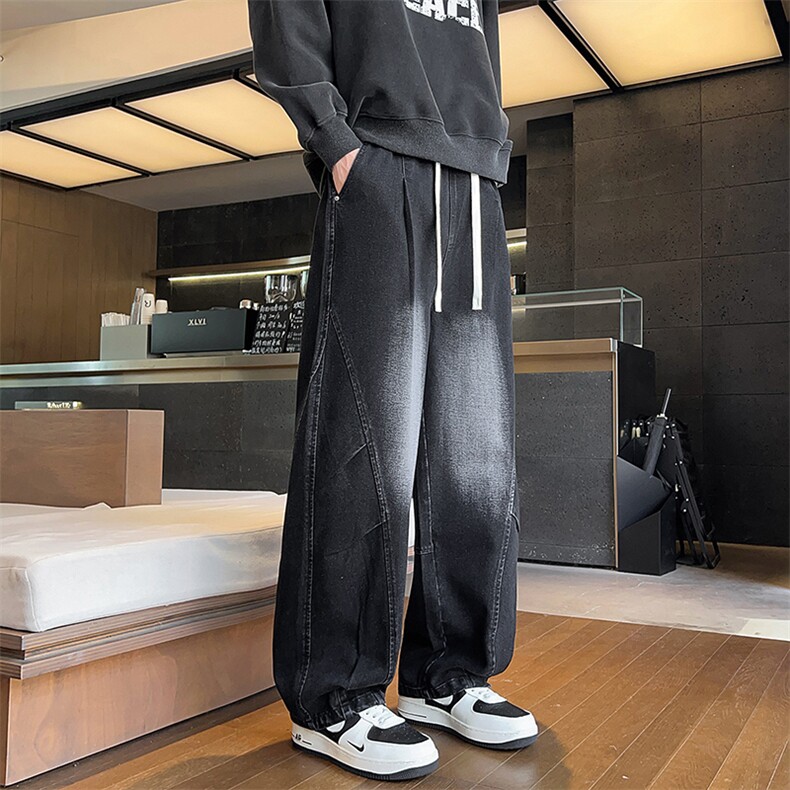 弯刀牛仔裤男秋新款高街褶皱感直筒裤子美式复古阔腿裤Q29191-P48,男装牛仔裤,星座610（原A335）