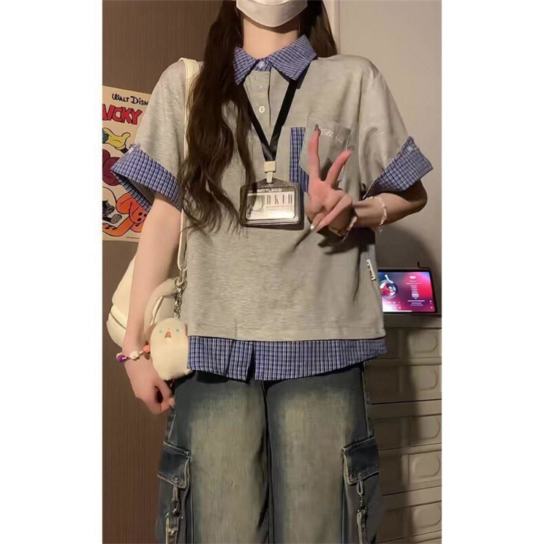 H1059-p35POLO领情侣体恤假两件格子衬衫短袖,男装T恤,星座617A-2