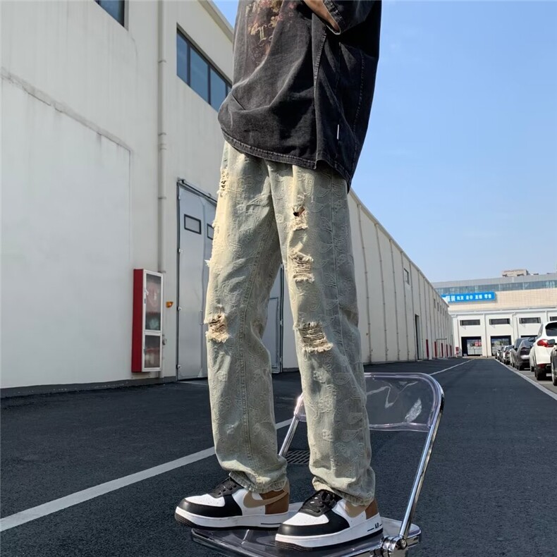 夏季腰果花破洞牛仔裤男高街vibe复古宽松牛仔裤1001-1-X838-P48,男装牛仔裤,星座1001-1