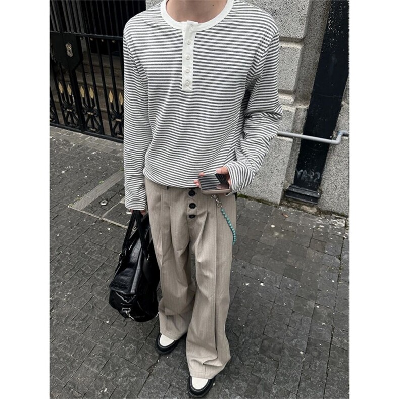 亨利领条纹t恤潮牌美式长袖上衣cleanfit内搭打底衫W191-P50网图,女装T恤,电商B245