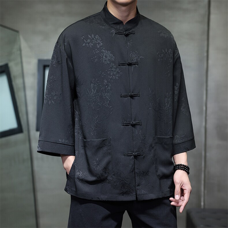 2025夏季新款男士风竹子提花衬衫宽松大码立领上衣CS2503-P70,男装衬衫,电商A008