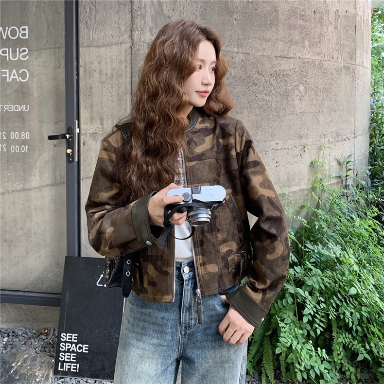 美式复古迷彩短款外套女2025年秋季新款小个子宽松休闲夹克上衣潮,女装短外套,1C130