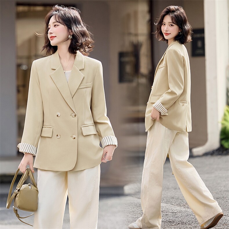 高级感时尚拼接西装外套女2025春季新款洋气百搭双排扣小西服上衣，女装西装，天丝秀