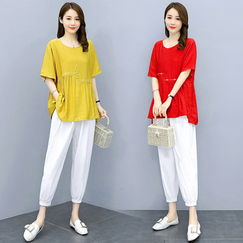 2021夏季新潮流恬淡优雅简约大气低圆领气质修身显瘦九分套装,女装套装/套裙,三木叶子