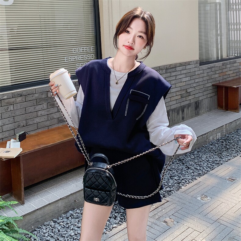今年流行藏青色休闲套装女早秋2025新款慵懒风百搭马甲短裤三件套,女装套装/套裙,韩蜜菓