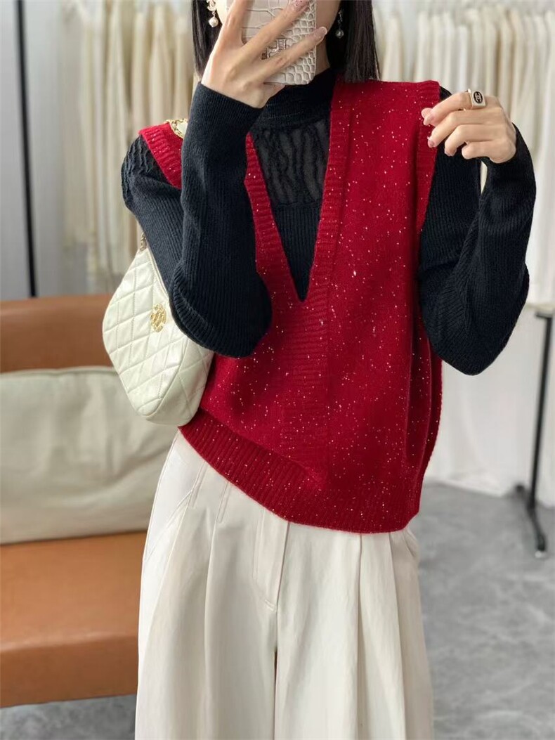 春秋新款V领亮丝针织马甲女背心叠穿套头宽松图片