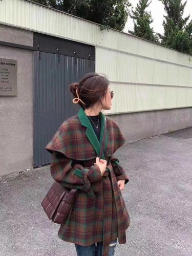 SL20127复古英伦风时尚格子披肩百分百羊毛双面呢外套,女装,L·H·X