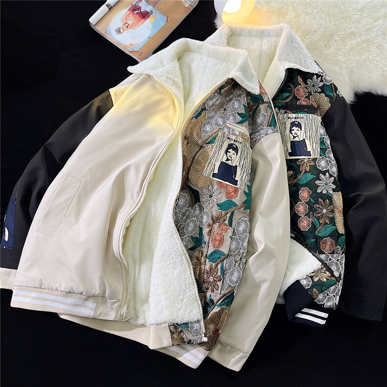 1港风平铺刺绣拼接翻领羊羔毛大码M-5XL棉衣外套男8723P110控148，男装棉衣，星座226-2