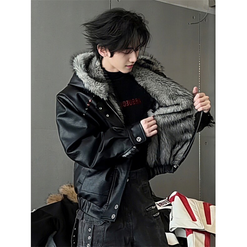 加绒加厚皮衣连帽毛领棉服男冬季仿狼毛短宽外套棉衣M5043,男装皮衣,星座1116A（原606A-3）