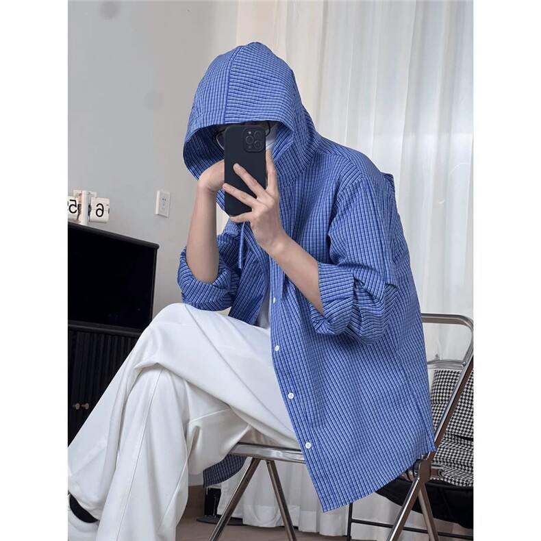 男女连帽休闲百搭宽松廓形双褶弯刀设计连帽衬衫宽松速干衬衣防晒,男装防晒衣,星座506A