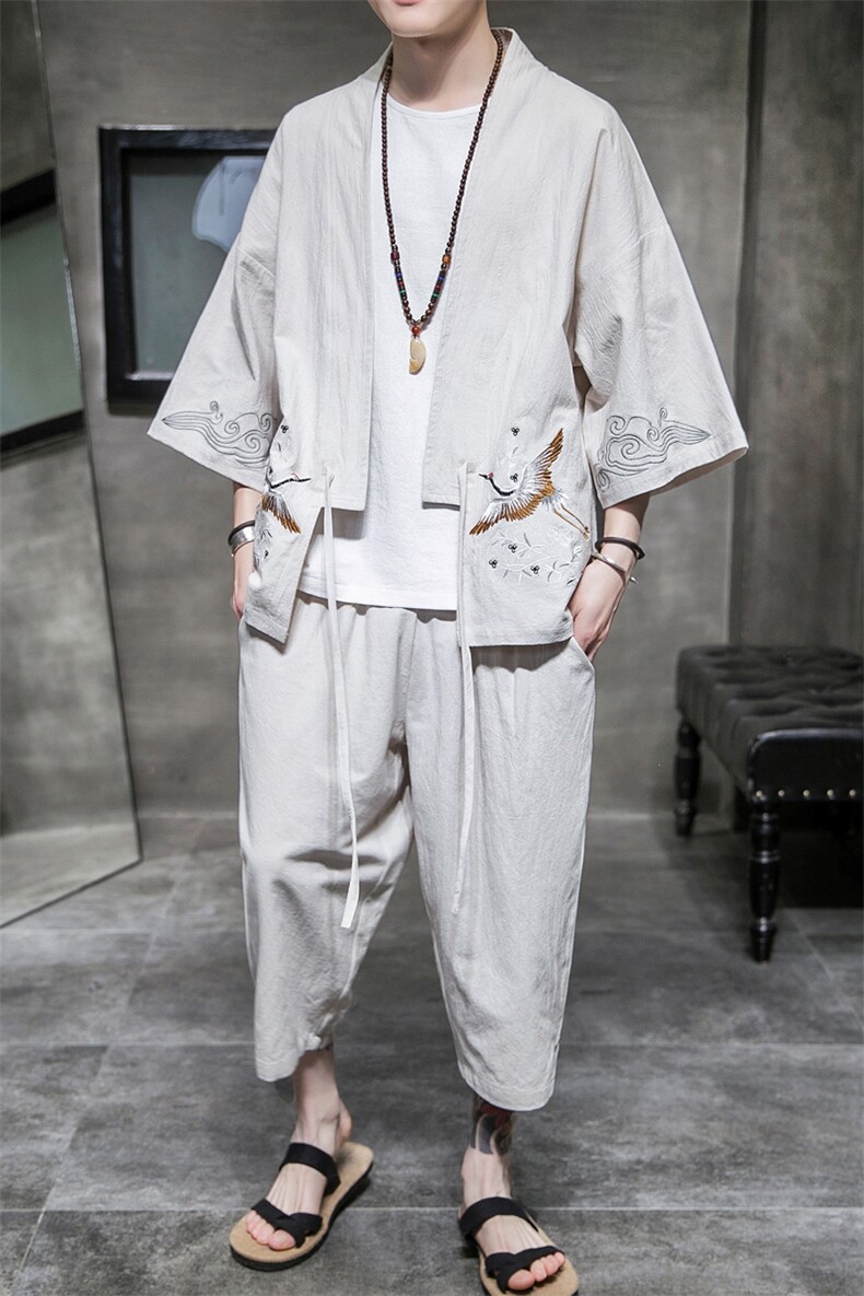 A611P75室内风2024春夏装新款七分袖七分裤仙鹤刺绣宽松汉服套装,男装T恤,电商A026