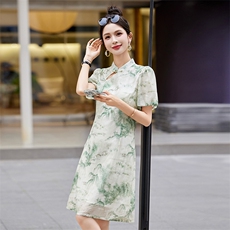 现货2024改良旗袍连衣裙年轻款女夏季新中式高级感禅意碎花裙，商品下架区，韩然一族
