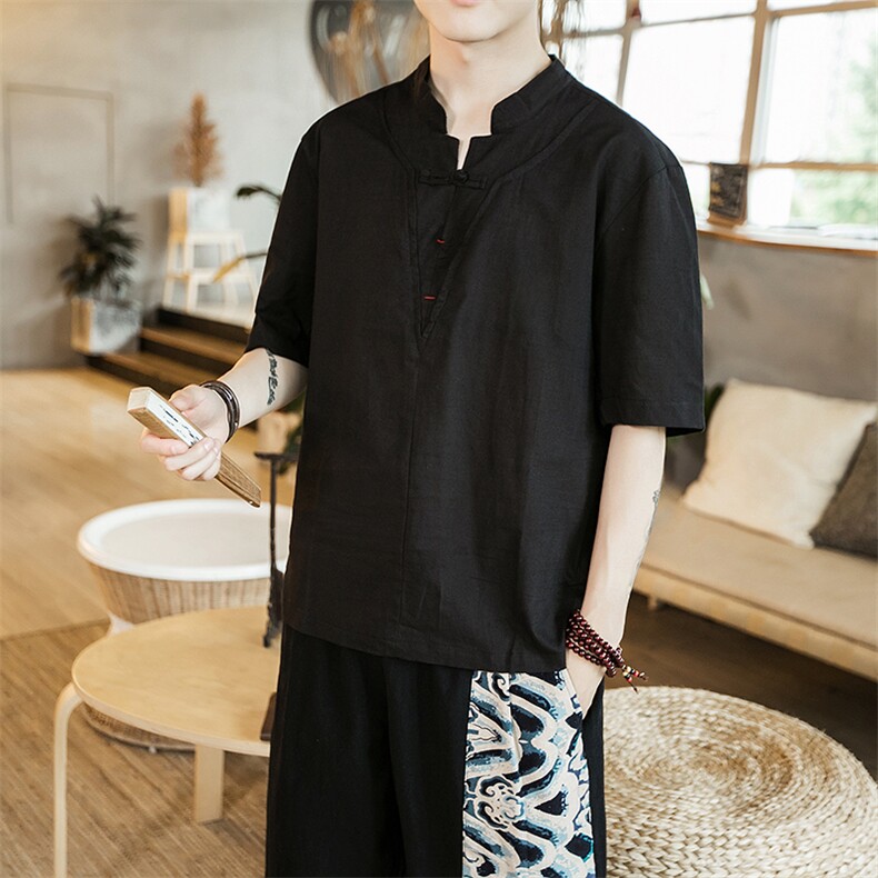 风夏季棉麻短袖T恤男民族风复古盘扣上衣钱塘6005-T，男装T恤，星座1112-5（原712-5）