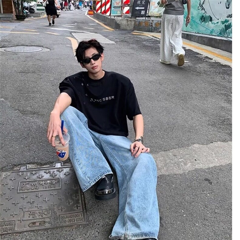 【网图现货】美式宽松复古垫肩烫钻百搭潮流短袖T恤男T307/特P35,男装T恤,星座205-3
