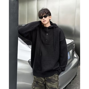 高街纯色连帽针织衫男款冬季美式时尚连帽卫衣高级痞帅毛衣H2304图片