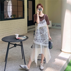 蕾丝吊带连衣裙叠穿T恤裙套装女夏季休闲减龄气质两件套，女装套装/套裙，2C166