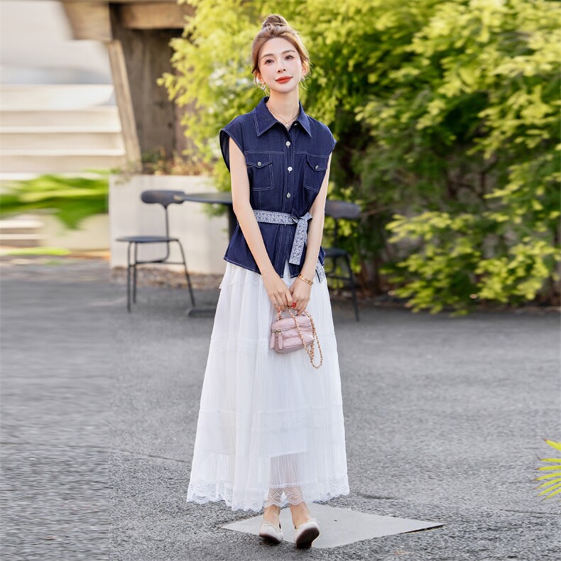 2025年夏季新款牛仔无袖外套半身裙套装两件套,女装套装/套裙,初闻兮