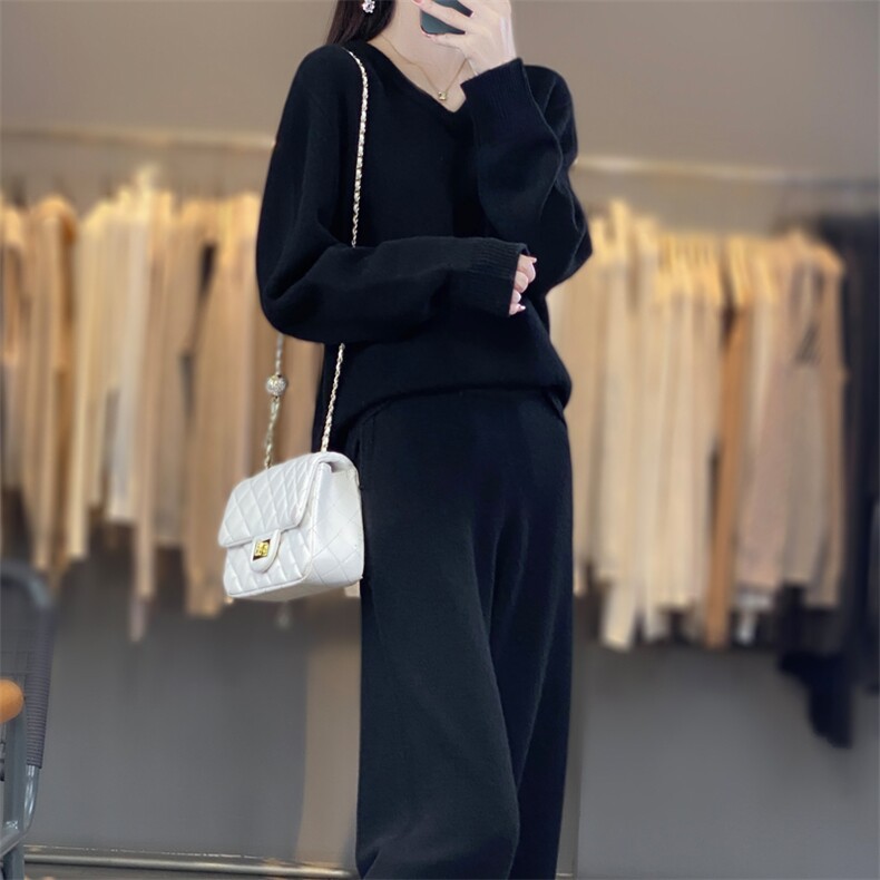 V领拼色羊毛衫两件套女长袖针织毛衣小脚裤宽松羊绒衫套装,女装套装/套裙,宛庄羊绒
