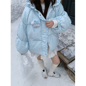 1506A/G78270/P92新款甜妹可爱少女风粉色格纹连帽棉服外套图片