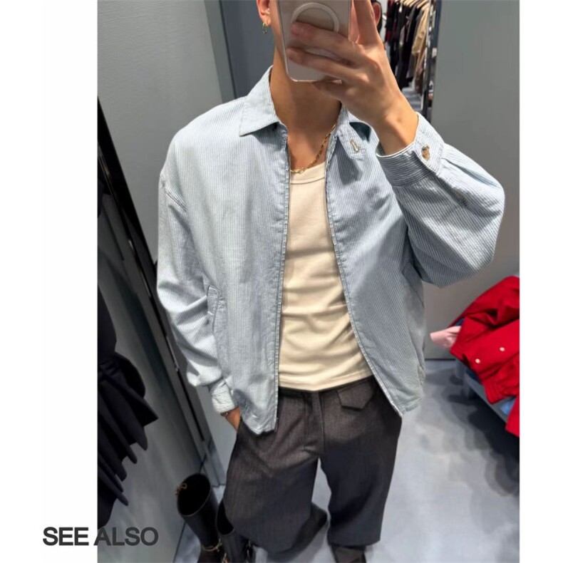 网图慎用数据款欧若风松弛极简轻薄蓝白条纹翻领衬衫JK2582P60,男装衬衫,电商A128
