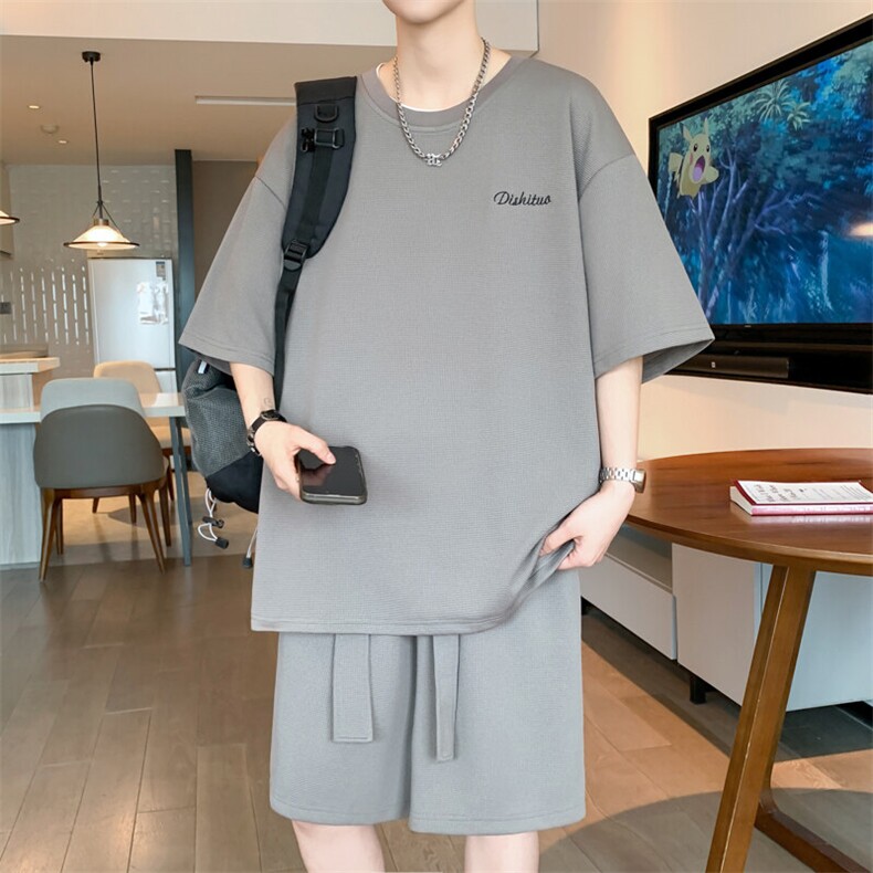短袖男夏季套装2025新款时尚运动飘带两件套A436-D230-P65,男装休闲套装,电商A436