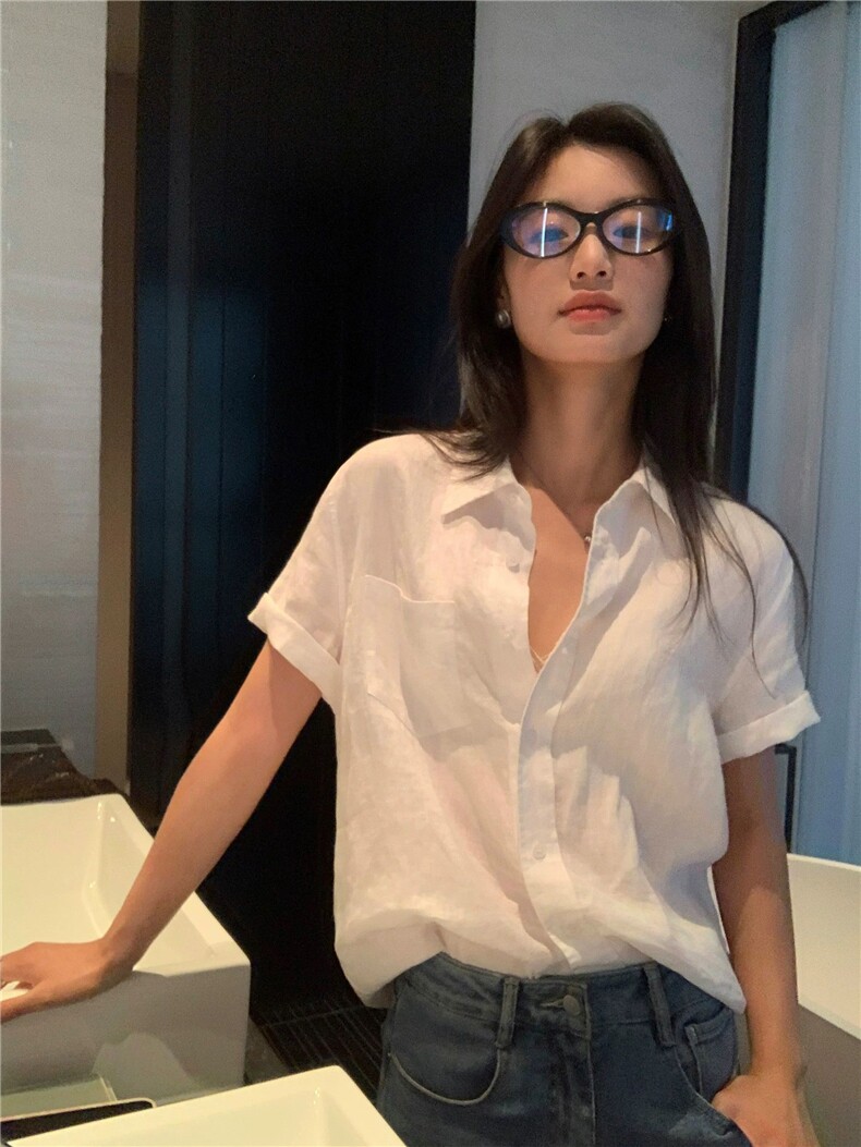 百搭珍珠白亚麻口袋短袖设计感衬衣上衣,女装衬衫,湘姗