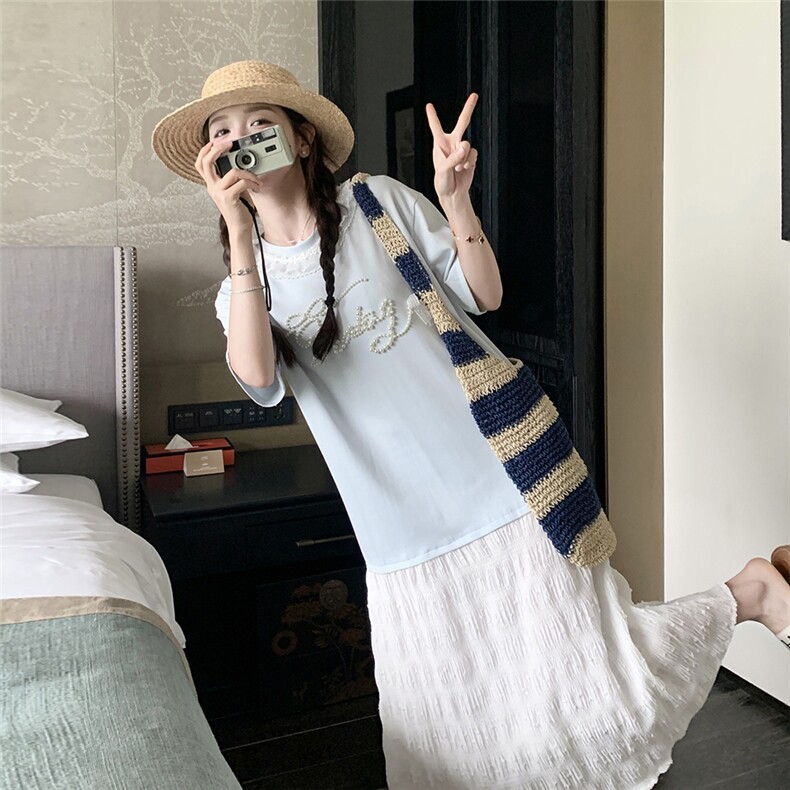 蓝色圆领蕾丝花边下摆短袖t恤女夏季新款烫钻设计感独特别致上衣,女装连衣裙,2C353