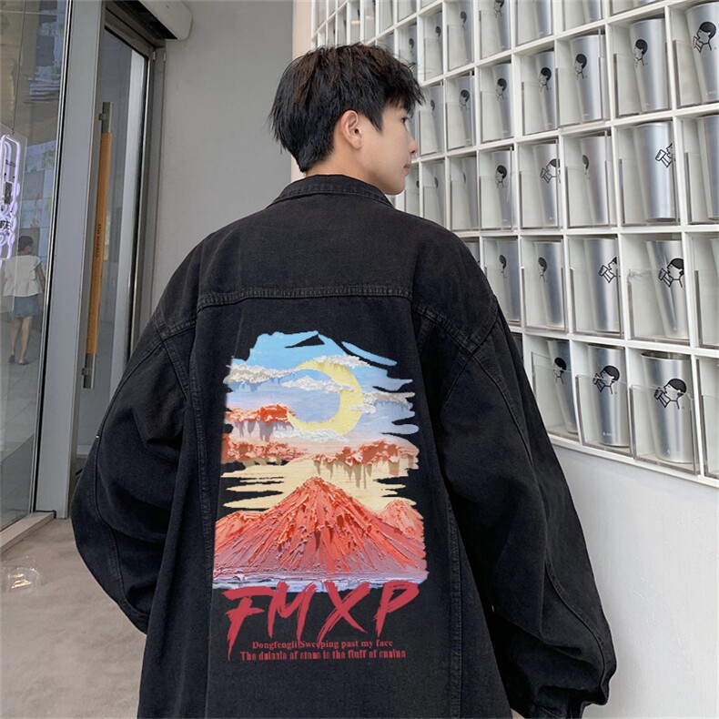 油画牛仔外套男春季美式高街痞帅炸街夹克宽松潮牌上衣JK1045-P88,男装工装外套,星座1103-3