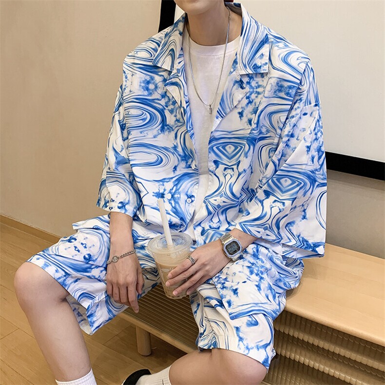特P45控88-夏装冰丝短袖衬衫短裤休闲套装男生沙滩裤两件套XTZ226图片