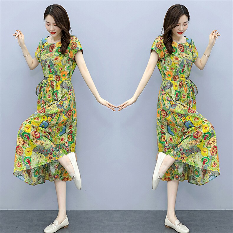 棉麻连衣裙女夏季2025新款韩版女装文艺碎花宽松收腰显瘦印花裙子,女装连衣裙,超帛
