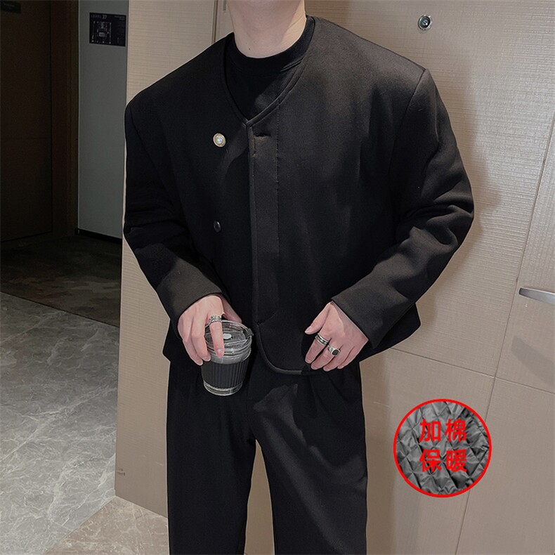 王嘉尔同款小香风加棉外套时尚简约无领珍珠扣短款夹克男0233P123,男装夹克,电商B267