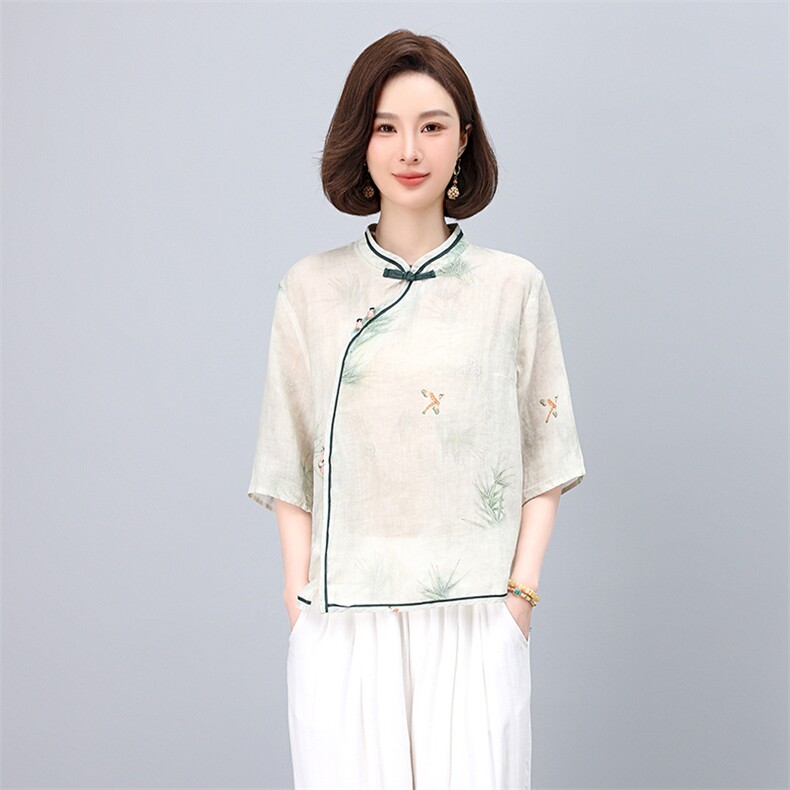 实体店同款2025夏新款苎麻印花衬衫立领手工盘扣体恤衫显瘦衬衣,女装衬衫,凝聚力
