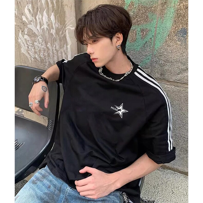 抖音得物高品质二开240克宽松纯棉美式潮牌三条杠织带短袖T恤，男装T恤，电商A486-1