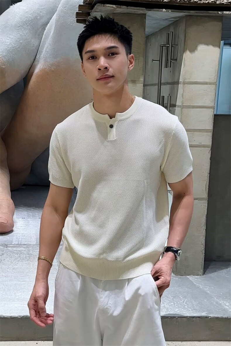 网格肌理老钱风亨利领纹理感针织衫短袖T恤25137/P55,男装T恤,电商A243