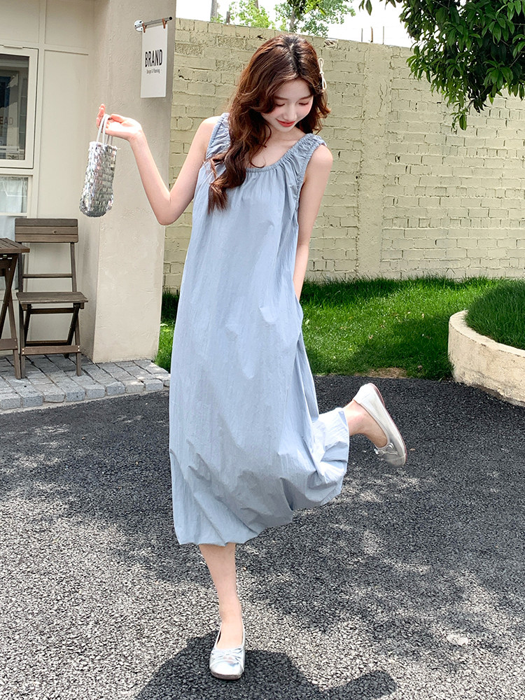 时尚元气时髦褶皱设计背心裙女夏季2025气质温婉风减龄宽松长裙潮,女装连衣裙,浙宝276（原081）