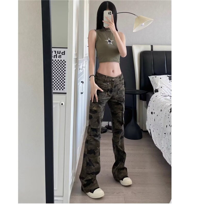 美式复古迷彩修身牛仔裤女新款高腰显瘦直筒休闲拖地裤WL042-P58,男装牛仔裤,星座1008