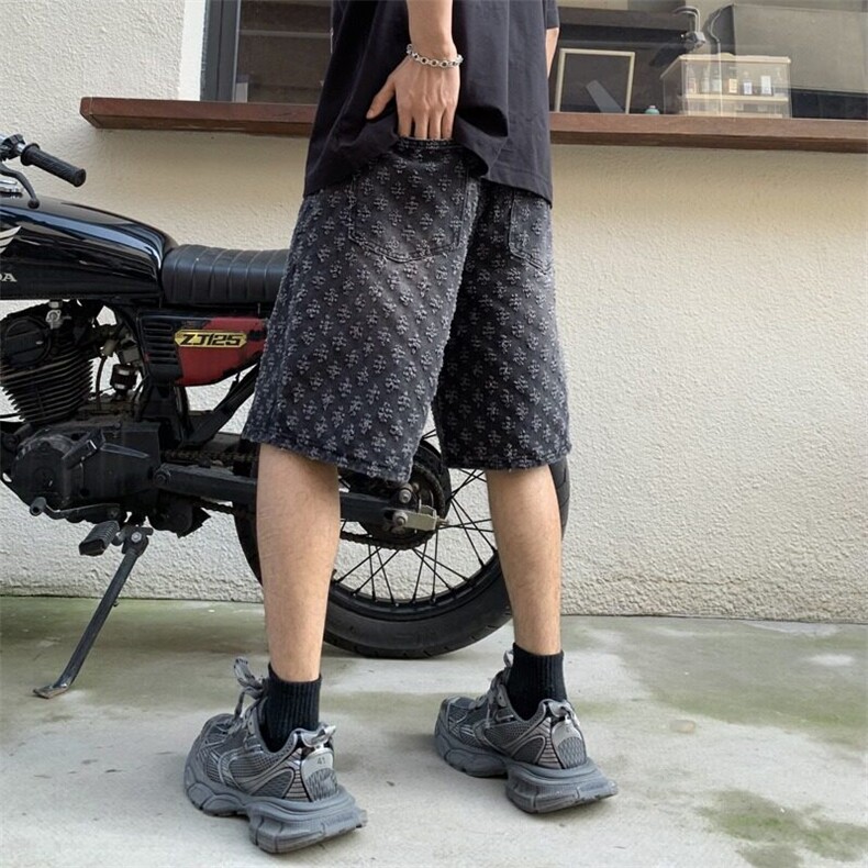 美式高街水洗印花男士破洞牛仔短裤宽松直筒五分裤2025夏季新款潮,男装牛仔裤,星座506A