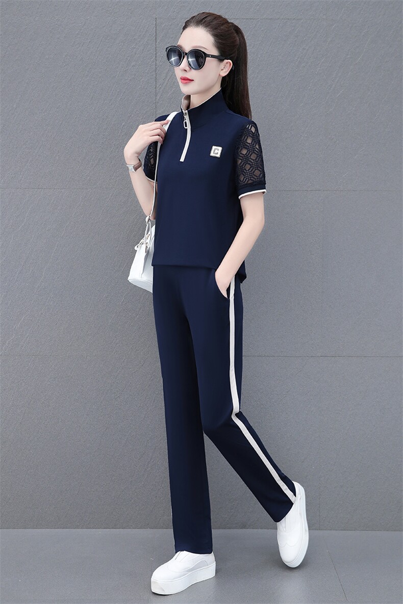 休闲运动服套装女冰丝速干2023年夏季新款中年妈妈时尚两件套洋气,女装运动套装,燕颉服饰