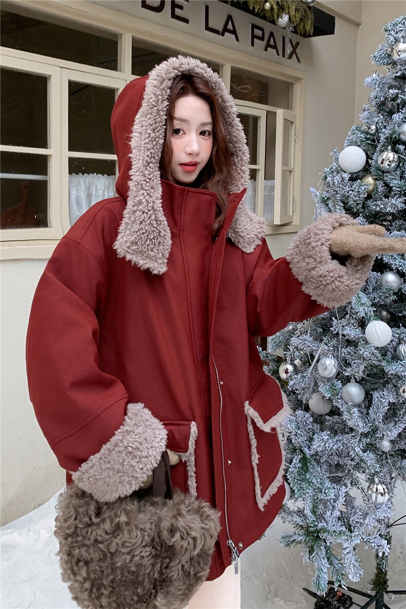 新款连帽羊羔毛拼接棉服派克2D014-10042-P195-K298,女装短外套,2D014