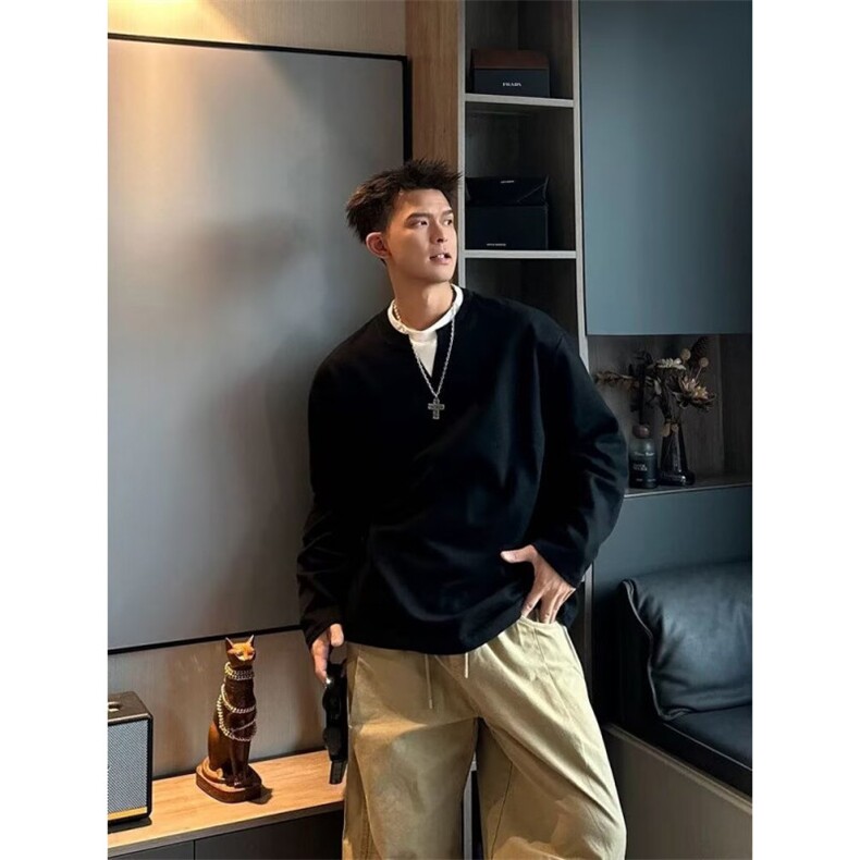 美式复古假两件卫衣男士秋季2025新款亨利衫宽松肌理感华夫格上衣,男装卫衣,四季星座505