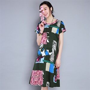 常规 套头 宽松腰 圆领 碎花 连衣裙 A型 2021年夏季 短袖 长裙 绣花图片