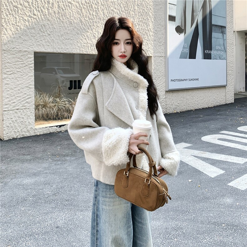 现货！大翻领羊羔毛拼接双面羊毛呢大衣外套女2C325-5757P280K418,女装毛呢外套,2C325