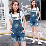 水洗翻边拉链图案纽扣2021年夏季常规短款背带裤高腰磨破连体裤，女装连体裤，奕阳依阁