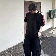 抖音得物品质二开240克宽松纯棉美式潮牌印花三条杠中性风短袖T恤，男装T恤，电商A486-1