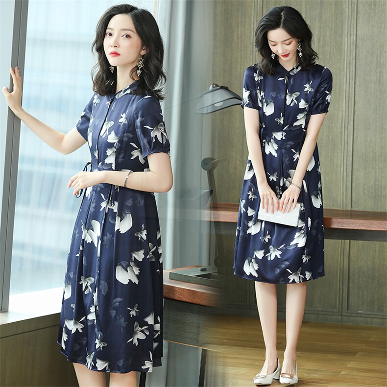 夏季碎花连衣裙女2024新款时尚洋气妈妈收腰显瘦雪纺a字裙,女装连衣裙,阿舍尔精品