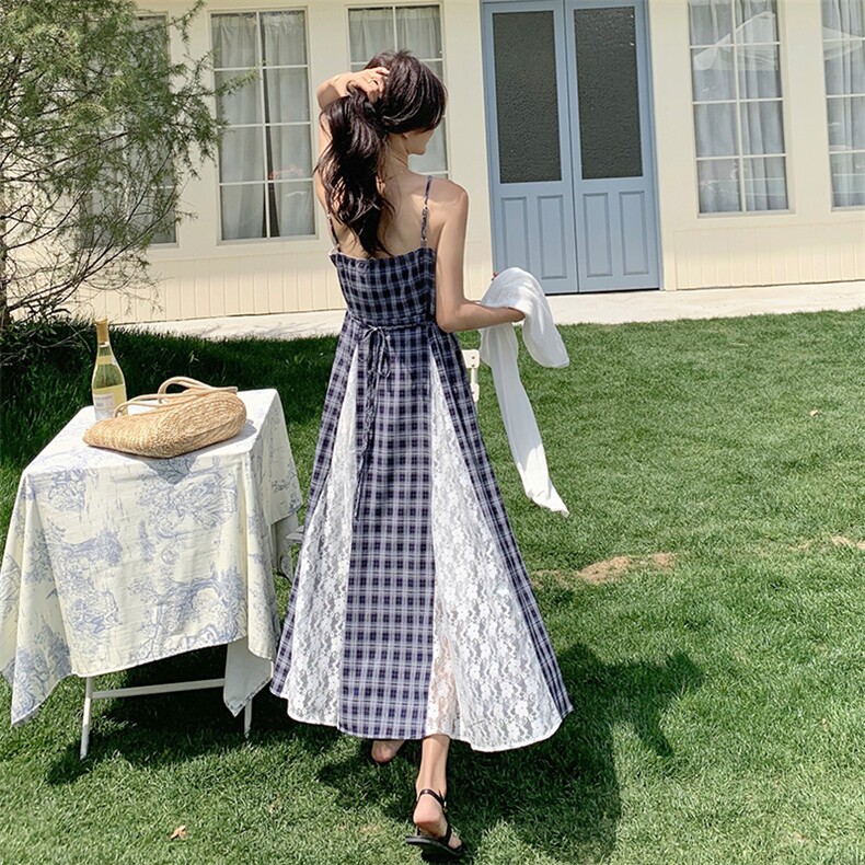 绝美蕾丝拼接格子吊带披肩吊带连衣裙女夏季2025新款超火爆款流行,女装套装/套裙,2C269