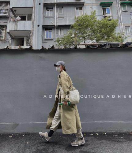 现货春季撞色扣风衣韩版宽松，女装风衣，ADHERE