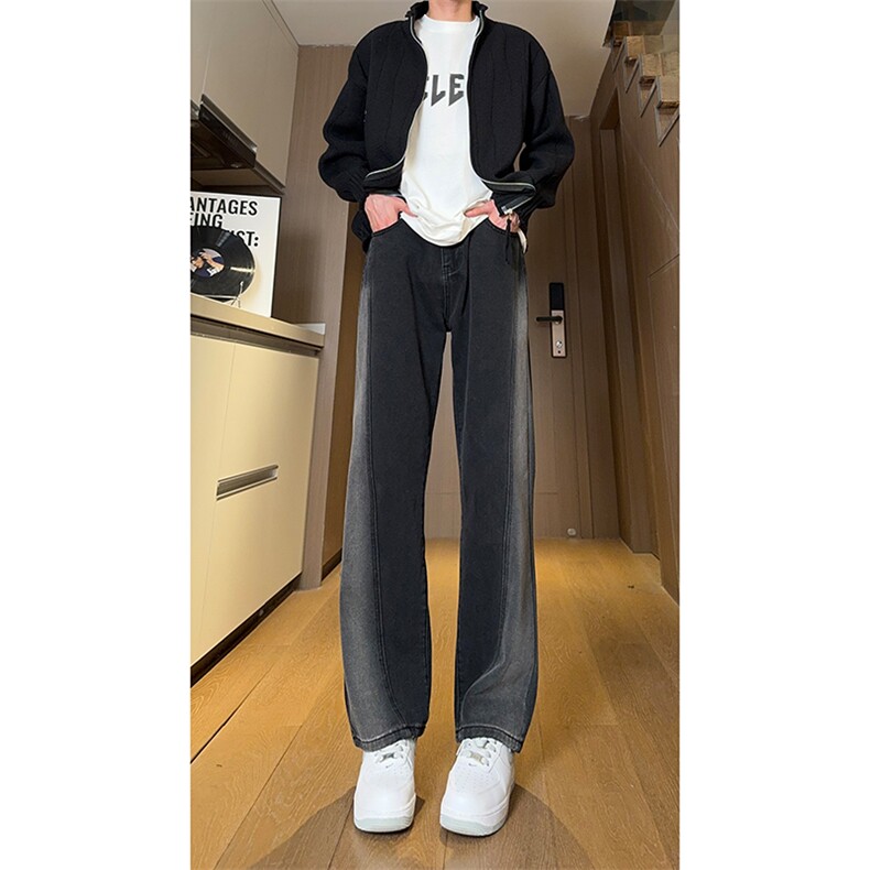 现货黑紫色拼接宽松阔腿直筒撞色休闲牛仔裤男女K5820-P50控78,男装牛仔裤,星座205