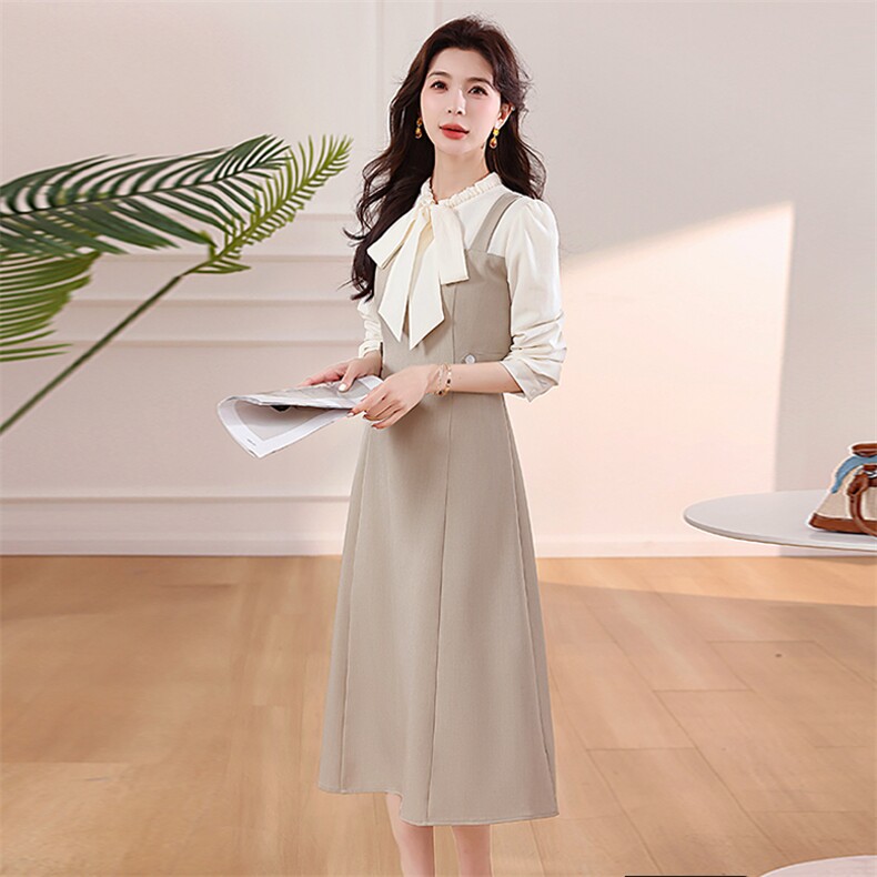 现货2025年春换新季新金典时尚甜美收腰显瘦假两件拼色连衣裙女装,女装连衣裙,艾贝斯